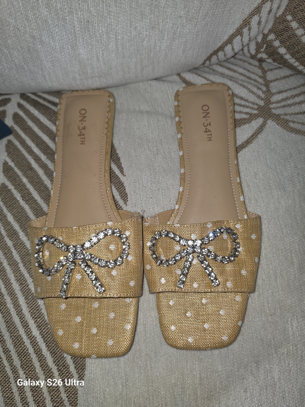 Camel Polka Dot Slide Mules with Crystal Bow